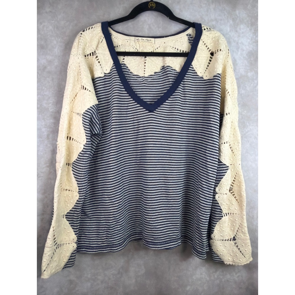 We The Free Free People Top Womens Medium Navy White Striped Crochet Lace Sleeve